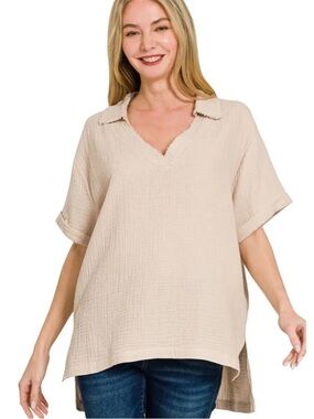 NWOT Zenana Double Cotton Gauze Short Sleeve High-Low Top Size M